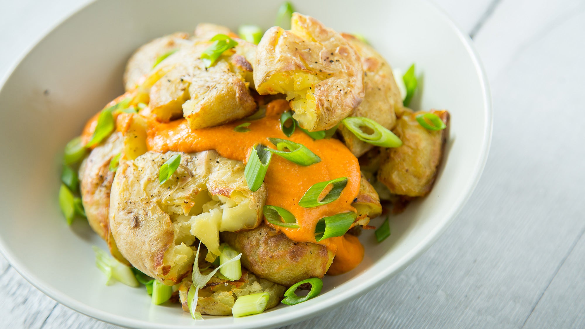 Smashed Potatoes with Red Pepper Aioli