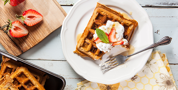 Strawberry Protein Waffles with Whipped Cream