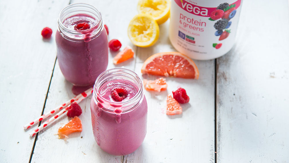 Berry, orange juice and Vega Vanilla Protein Powder smoothie quick and easy prepared without a blender