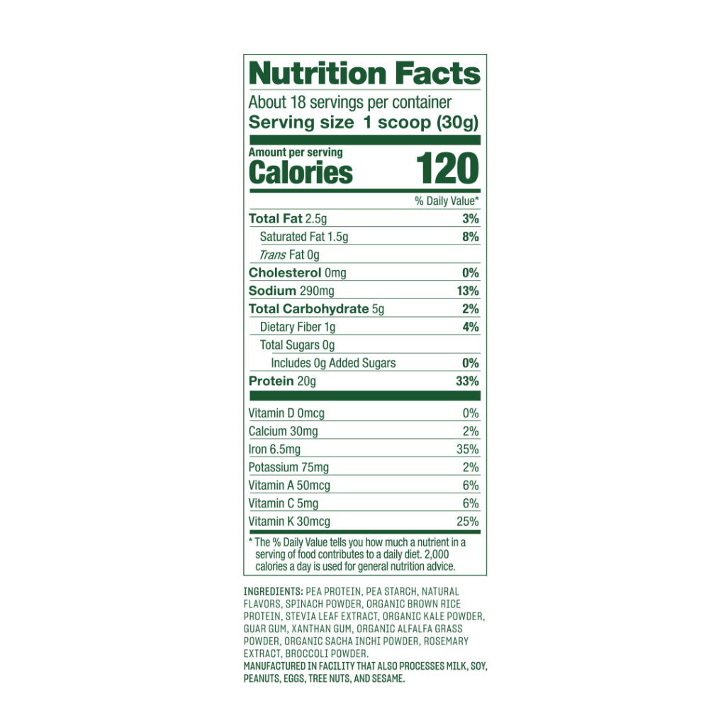 Vega Plant Based Protein powder Protein And Greens Vanilla Nutrition Facts