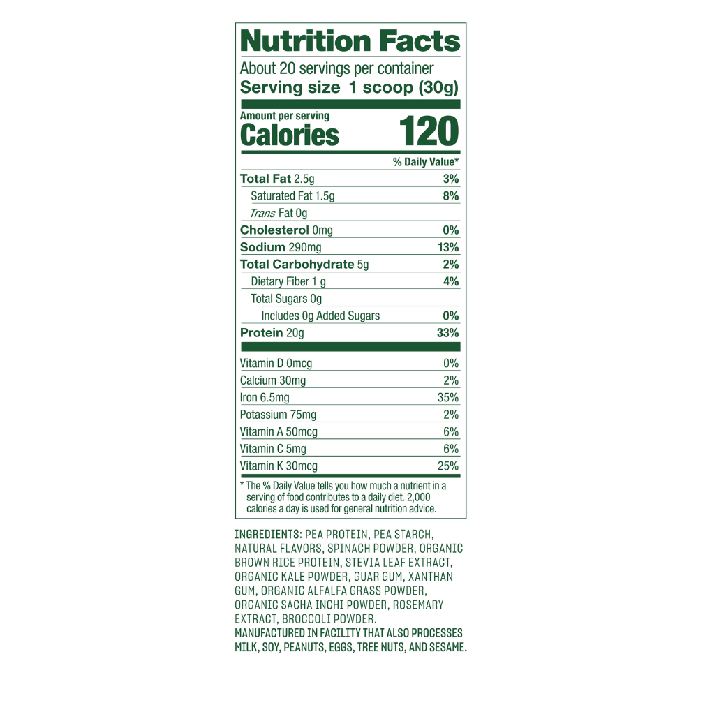 Vega Plant Based Protein powder Protein and Greens Nutrition Facts Vanilla