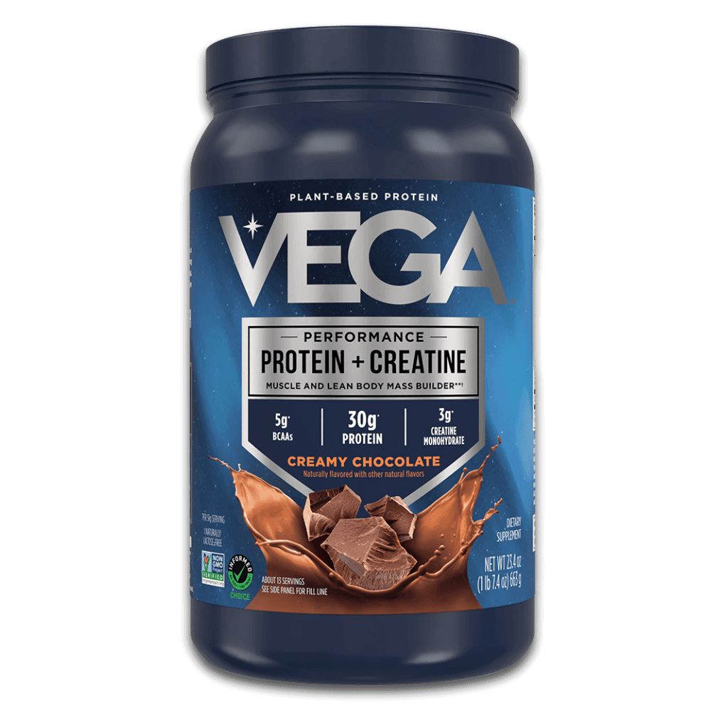 Vega Performance Protein + Creatine creamy chocolate plant-based protein supplement with 30g protein and 3g creatine