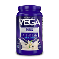 Vega Essential Protein container, creamy vanilla flavor, plant-based protein supplement.
