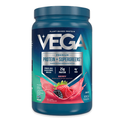 Vega Protein + Supergreens plant-based protein powder with kale, broccoli, spinach, and fiber boost