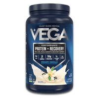 Vega® x GQ BOX plant-based protein powder with 30g protein, BCAAs, tart cherry, and probiotics for workout recovery.