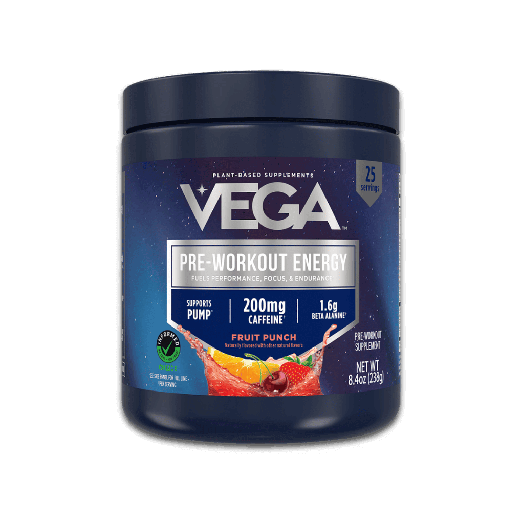 Vega Pre-workout Energy supplement with 200mg caffeine and beta-alanine for muscle endurance and pump, fruit punch flavor.