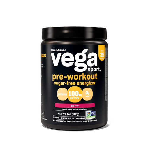 Vega Sport plant-based sugar-free pre-workout energizer berry flavor with 100mg caffeine and electrolytes